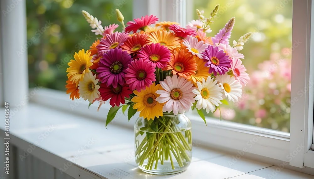 Radiant gerberas in glass vase brighten windowsill, a vibrant still life