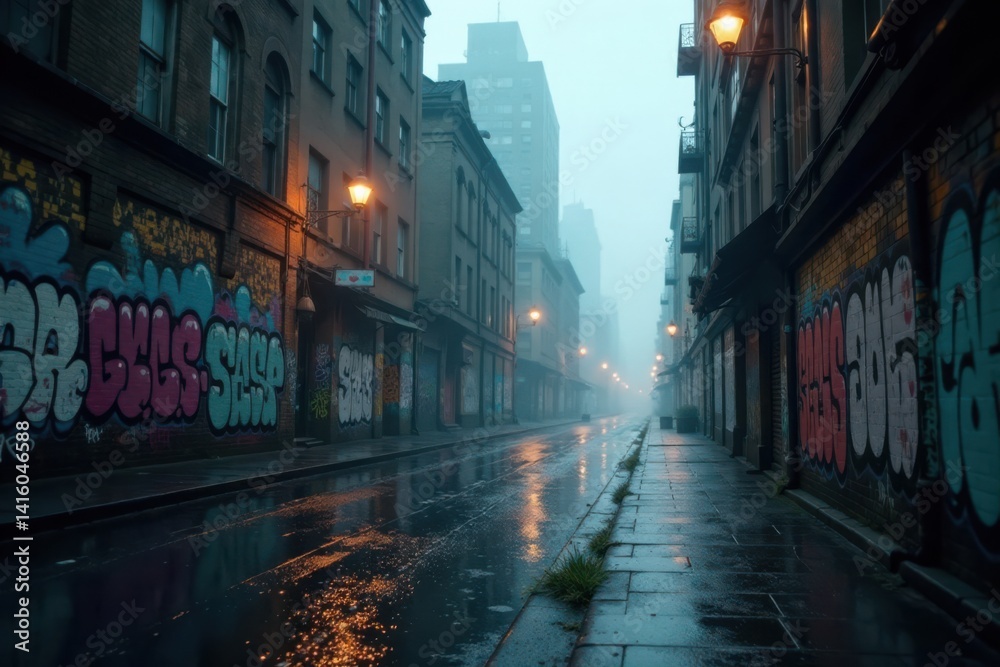 Fototapeta premium Moody cityscape with graffiti walls and foggy atmosphere, abstracted architecture, gritty landscape, ink effect