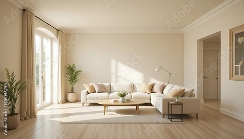 Obraz na płótnie Sun-Drenched Sanctuary: A Minimalist Living Room with Neutral Palette w salonie