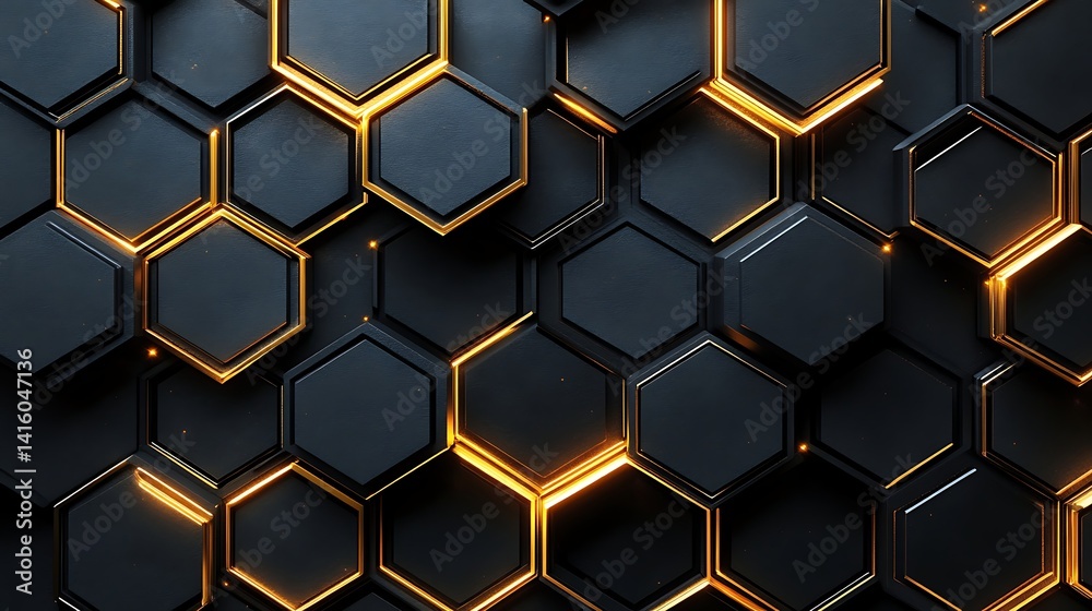 Gold and Black Hexagonal Pattern, Abstract 3D rendering of gold and black hexagonal pattern Gold and Black Hexagonal Pattern, Abstract 3D rendering of gold and black hexagonal pattern