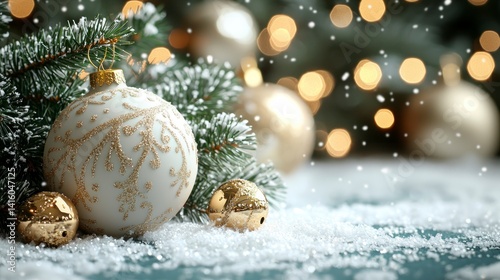 Elegant holiday ornaments in snowy setting photo