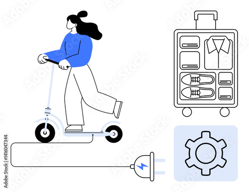 Woman riding scooter, suitcase with compartments, plug, gear icon. Ideal for eco-travel, urban mobility, packing, efficiency, planning sustainability simple landing page