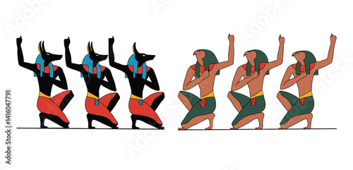 Ancient Egyptian Ritual: Illustrated figures representing Anubis and Ra, enacting a stylized ritual, their forms bold against a backdrop of ancient symbolism.