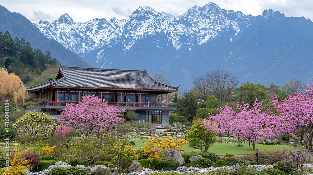 Fototapeta premium Serene Springtime Blossom Garden with Majestic Mountain backdrop
