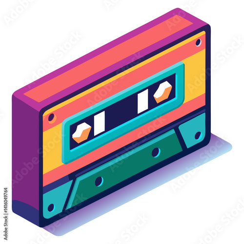An isometric illustration of a brightly colored audio cassette tape.