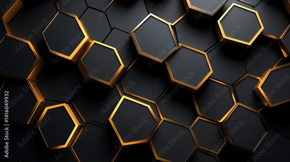 Gold and Black Hexagonal Pattern, Abstract 3D rendering of gold and black hexagonal pattern Gold and Black Hexagonal Pattern, Abstract 3D rendering of gold and black hexagonal pattern
