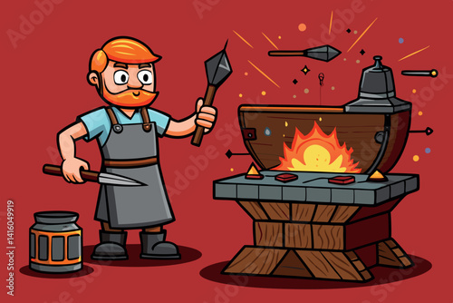 Cartoon depiction of a blacksmith working in a traditional forge, heating metal with a roaring fire and working with hand tools