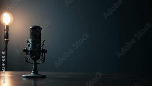 Sophisticated Podcast Microphone Arrangement for Optimal Audio Performance and Style - Elegant Setup with Empty Space for Text on Left Side photo