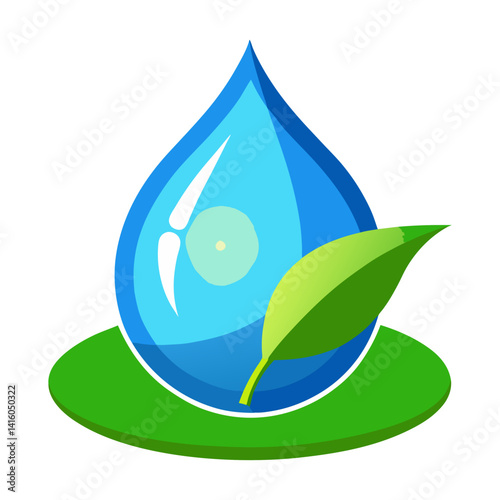 A stylized illustration of a vibrant blue water droplet resting on a green leaf-shaped base. It evokes themes of nature, purity, and environmental consciousness.