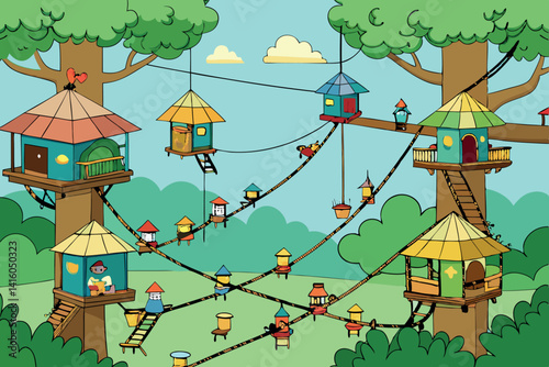 A playful jungle scene with multiple colorful treehouses connected by zip lines for a fun outdoor adventure experience