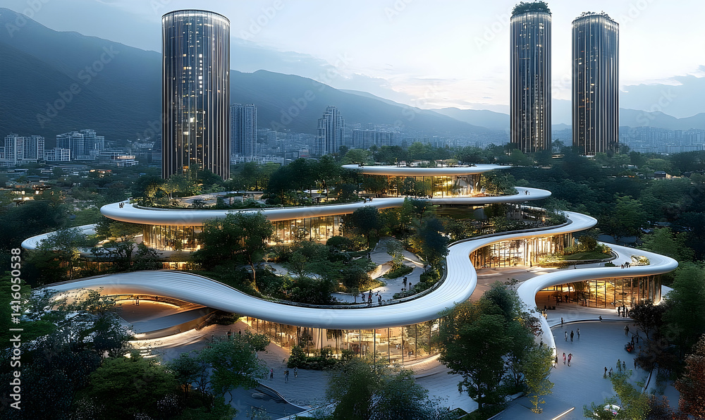 Obraz premium Modern architectural landscape featuring a flowing design with lush greenery and urban skyline at dusk