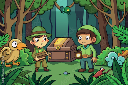 Two kids and a monkey uncover a mysterious chest in the dense jungle, uncovering treasures and secrets of the wild