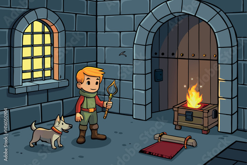 A young boy and his loyal dog exploring a dimly lit castle dungeon, armed with a torch and a key, ready to discover hidden secrets