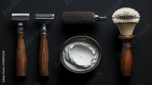 Elegant shaving tools arranged on a dark surface. photo