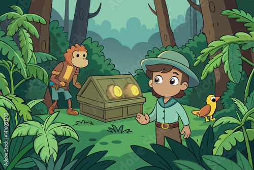 A jungle treasure hunt in the cartoon jungle, where two adventurers discover an ancient chest filled with mysterious treasure