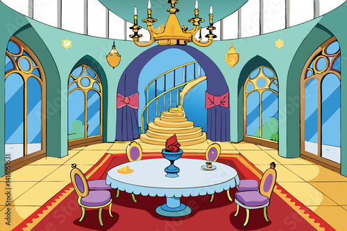 A grand whimsical castle interior with elegant spiral staircase, chandeliers, and royal decor, creating a fairytale atmosphere for a magical setting