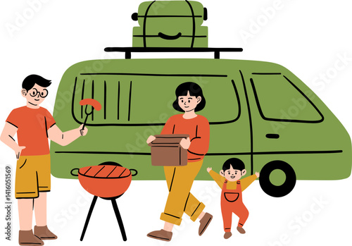 Family Setting Up Camp with a Car