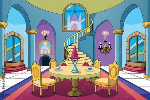 Luxurious castle dining room with colorful chandeliers, a grand staircase, and opulent seating, perfect for fairytale and fantasy themed settings