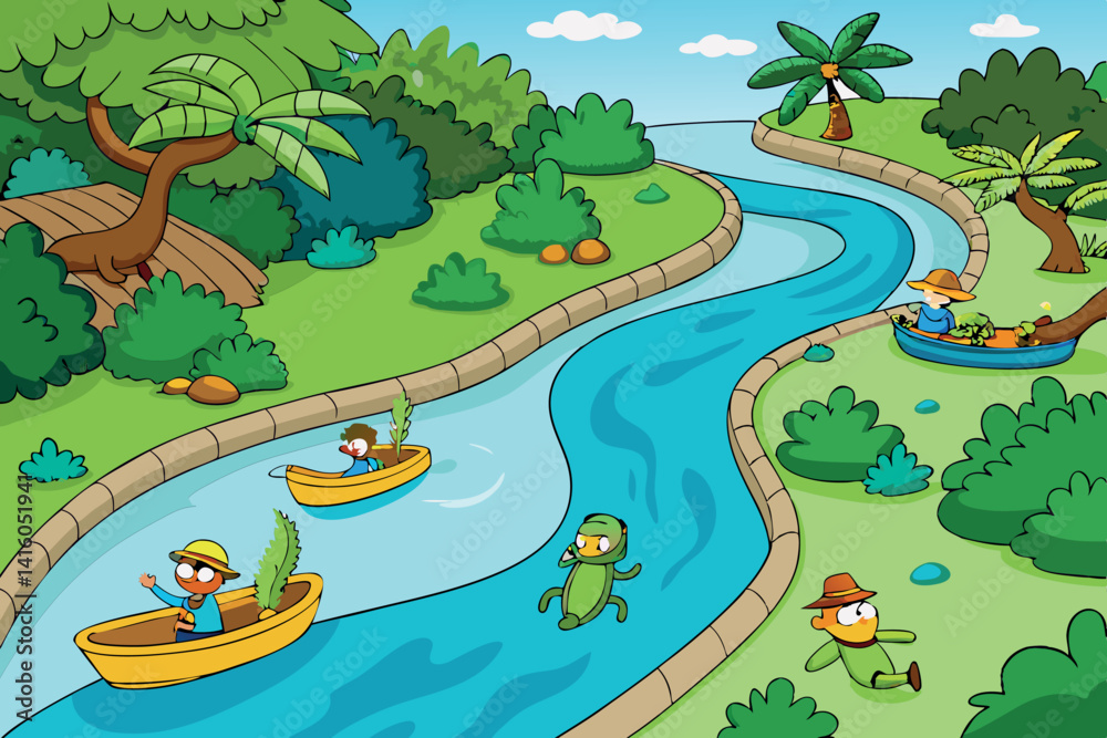 Obraz premium Fun and whimsical river scene featuring animals like monkeys and birds paddling in boats surrounded by lush jungle foliage