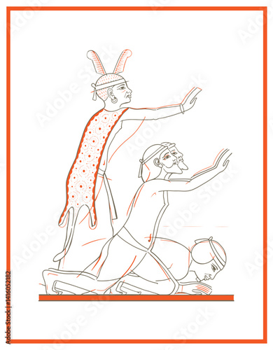 Ancient Ritual Depiction: An illustration of a solemn ritual, likely from ancient times, is filled with figures engaged in a ceremony, rendered in stark lines and subtle hues.
