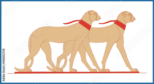 Ancient Egyptian Cheetah Emblem: A simplified illustration of two majestic cheetahs adorned with red collars, walking in a rhythmic procession, a visual representation of power.