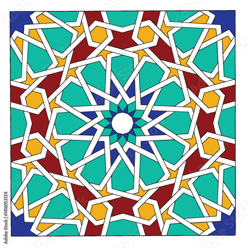 Geometric Harmony: An intricate design of geometric shapes intertwines, creating a visual symphony of symmetry and balance, reflecting the rich heritage of its style.