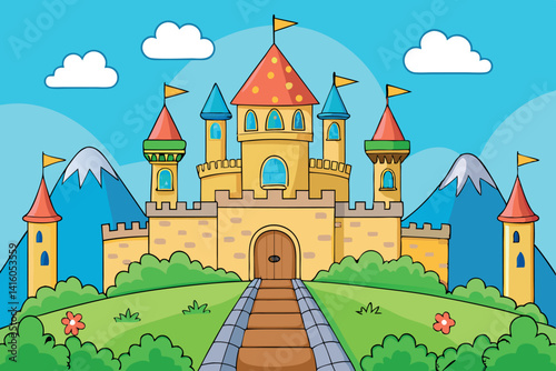 vibrant fairy tale castle on a hill with mountain backdrop, flags flying high, and lush nature all around in a cheerful landscape