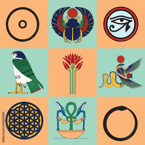 Ancient Egyptian Symbols: A vibrant and intricate collection of ancient Egyptian symbols, meticulously designed and arranged in a grid layout.