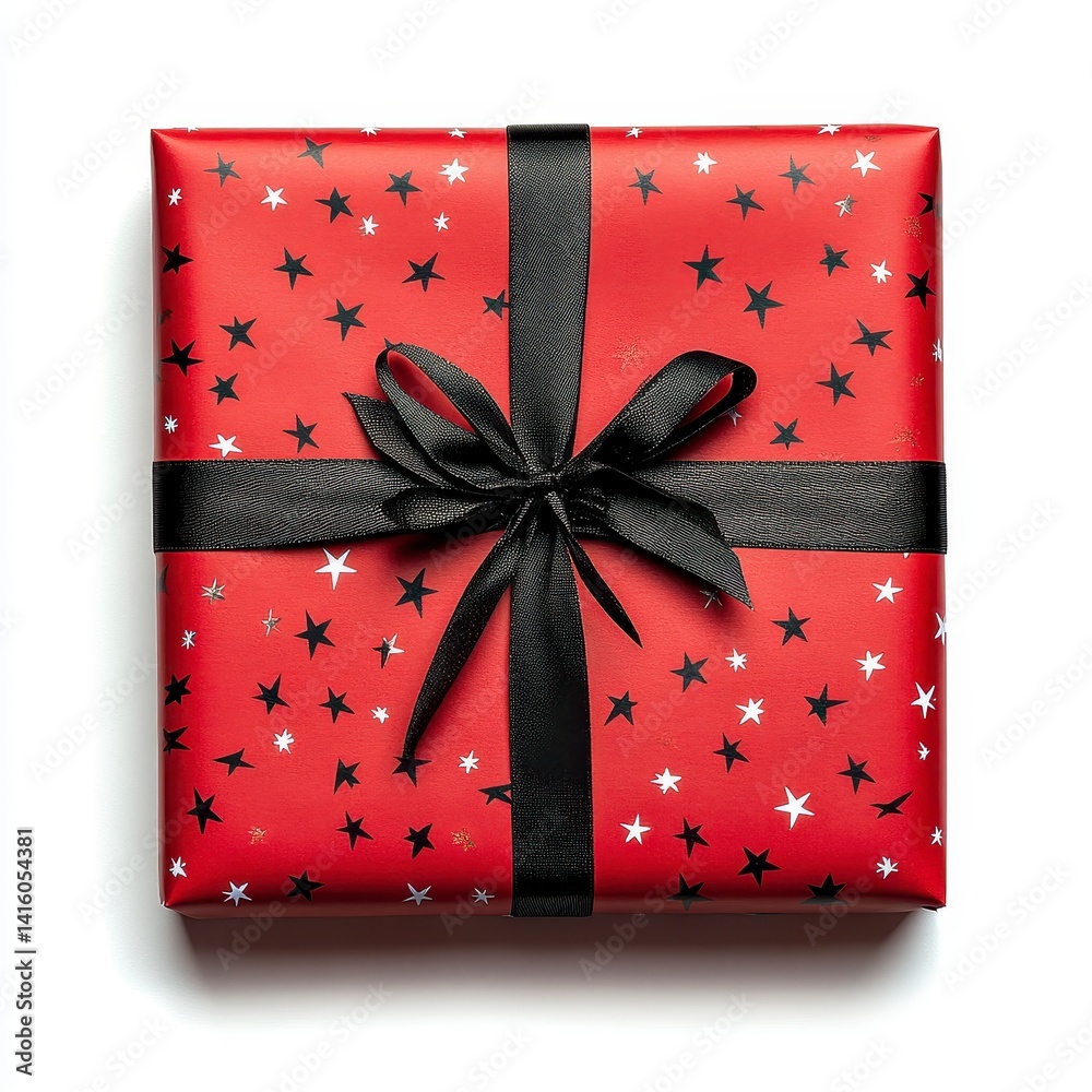 Obraz premium Red Gift Box with Star Pattern and Black Ribbon On White Background
