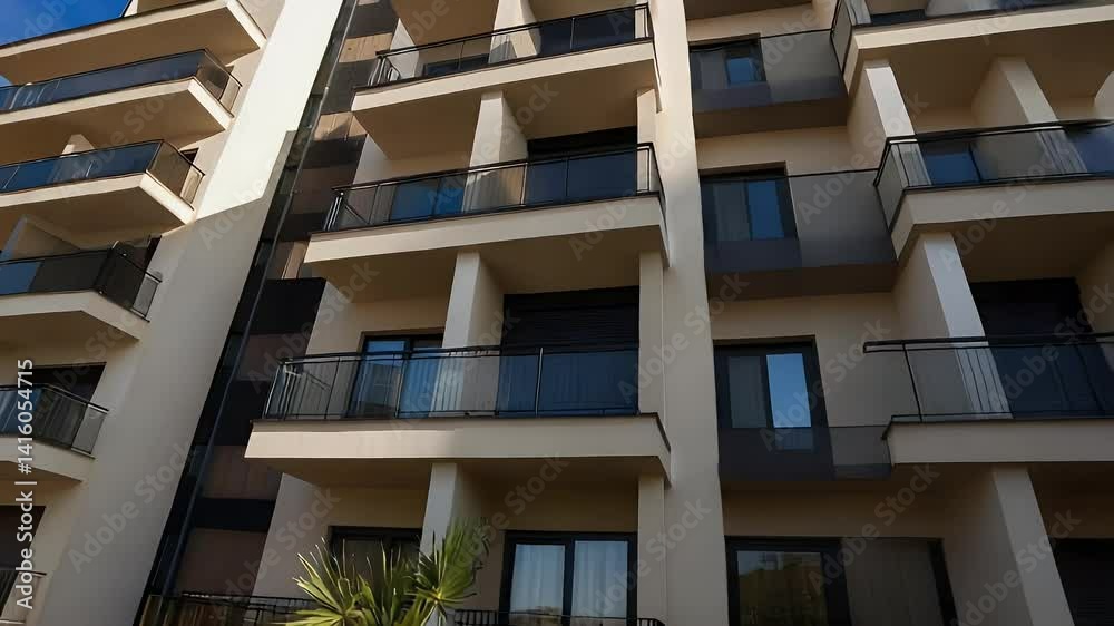 A multi-story beige building, set against a vibrant blue sky, with balconies and palm trees adding a touch of tropical charm A multi-story beige building, set against a vibrant blue sky, with balconies and palm trees adding a touch of tropical charm