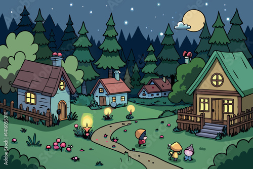 A charming village illuminated by street lights under a full moon with children playing along winding paths through the tall, dark trees
