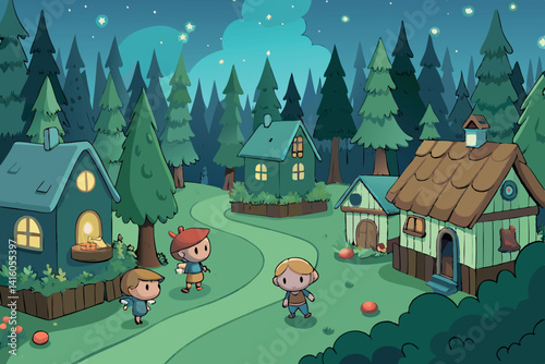 village scene at night with magical houses nestled between tall trees under a starry sky and a gentle path winding through the forest
