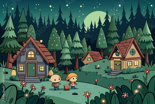 A vibrant, cozy village with small houses in the forest at night, children walking along paths illuminated by fireflies and streetlights