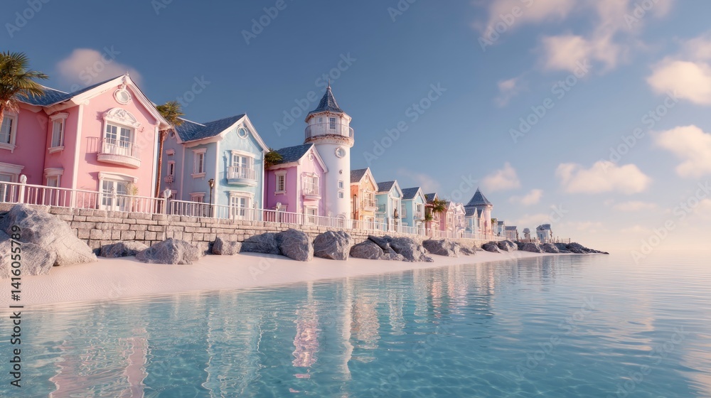 Fototapeta premium Pastel Colored Houses Near the Beach with Clear Water Reflections