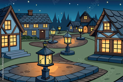 A tranquil village square at dusk, with glowing lanterns illuminating the cobblestone path, surrounded by charming houses in a peaceful woodland setting