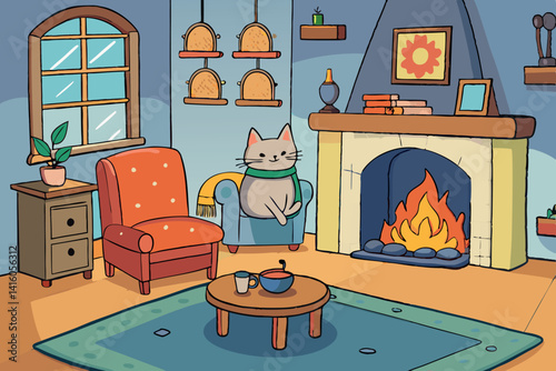 A cozy and charming living room with a crackling fireplace, soft seating, and colorful decor, creating a warm and inviting atmosphere