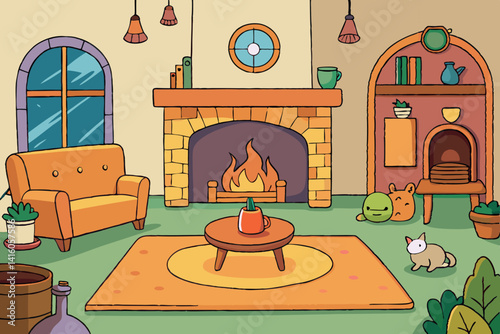 Quaint village home with a cheerful living room featuring a bright fireplace, plush chairs, and peaceful ambiance perfect for relaxation