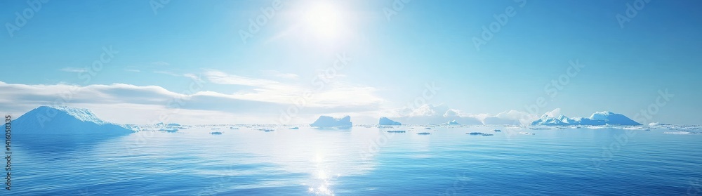 A breathtaking panoramic view of a serene icy landscape featuring floating icebergs under a bright sun. with majestic mountain peaks in the background. perfect for nature enthusiasts A breathtaking panoramic view of a serene icy landscape featuring floating icebergs under a bright sun. with majestic mountain peaks in the background. perfect for nature enthusiasts