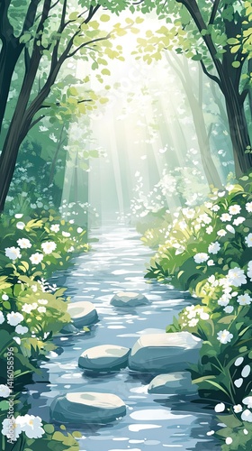 Serene stream flowing through a lush. flower-filled forest. illuminated by soft sunlight filtering through the trees. creating a tranquil and picturesque natural scene
