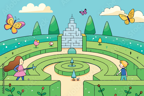 A magical maze in a scenic garden filled with colorful flowers and butterflies, where children wander through the green paths towards a majestic castle