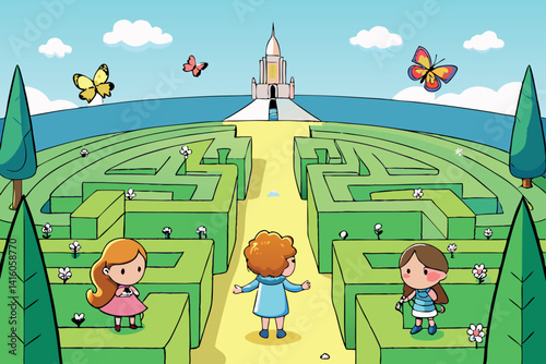 A whimsical outdoor garden with a vibrant hedge maze, butterflies flying around, and children exploring the enchanted landscape leading to a castle