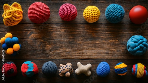 Colorful textured dog toys arranged in a border on a wooden surface.