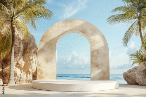 A serene coastal view framed by an elegant archway. surrounded by lush palm trees and a clear blue sky. inviting relaxation and tranquility by the beach