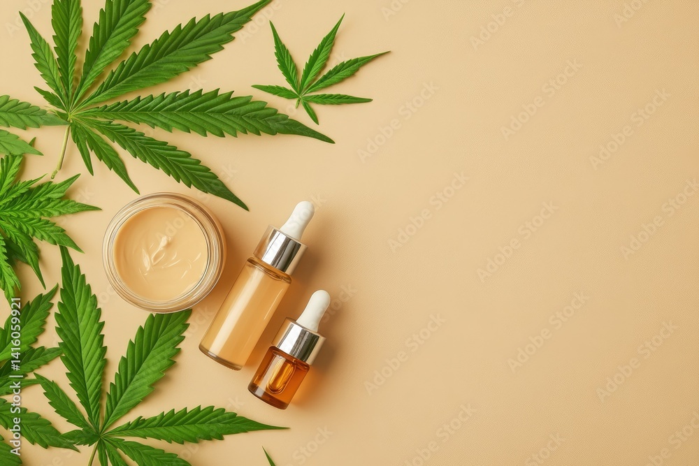 Two jars of cream surrounded by vibrant cannabis leaves on a soft peach background. suggesting natural skincare and wellness. ideal for beauty and health-related content Two jars of cream surrounded by vibrant cannabis leaves on a soft peach background. suggesting natural skincare and wellness. ideal for beauty and health-related content