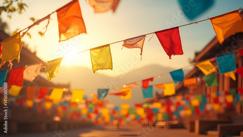 Vibrant Buddha Purnima Prayer Flags: Symbols of Peace and Spiritual Hope in Serene Settings - Perfect for Photo Stock with Empty Space for Text