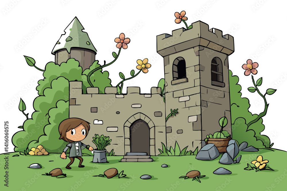 Fototapeta premium A picturesque abandoned castle overtaken by nature, with lush vines and blooming flowers growing through the stone walls and a young adventurer exploring