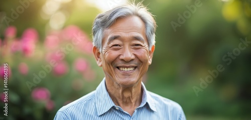 Cheerful portrait Asian elder man smiles outdoor. Happy senior gentleman with positive emotions. Smiling man in his 60s with casual attire, enjoying retirement in park. Healthy lifestyle.