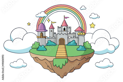 An enchanting castle perched on a floating island with a rainbow in the sky, surrounded by clouds and stars in a whimsical setting