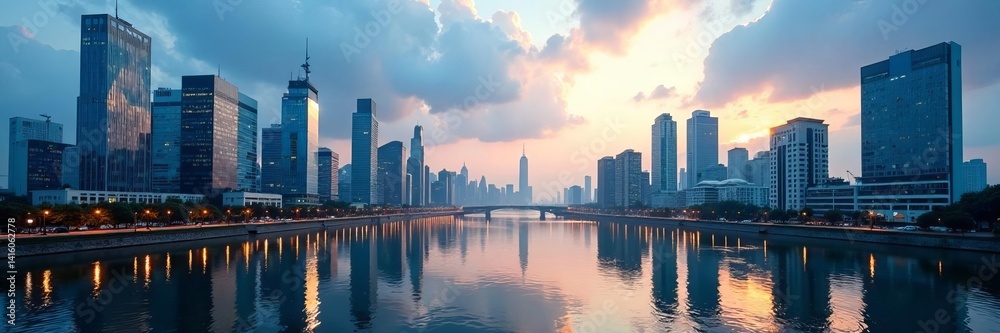 Fototapeta premium Skyscrapers lining the Liffey River with glass facades reflecting the cityscape, offices, modern