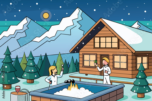 Alpine retreat a serene cartoon winter scene of friends enjoying drinks and a warm hot tub with snowy peaks and a cozy cabin